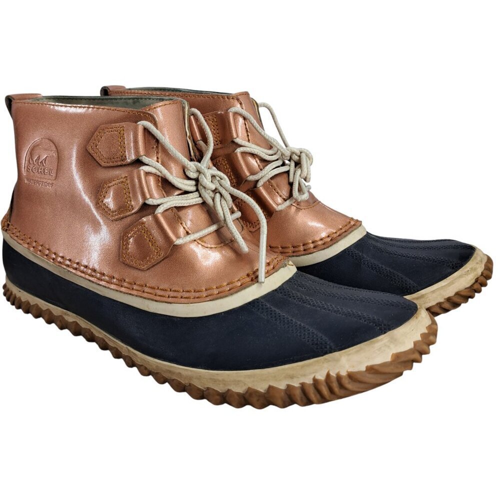 Sorel Out N About Rose Gold Waterproof Rain Boots Size 10.5 Metallic Duck Rubber